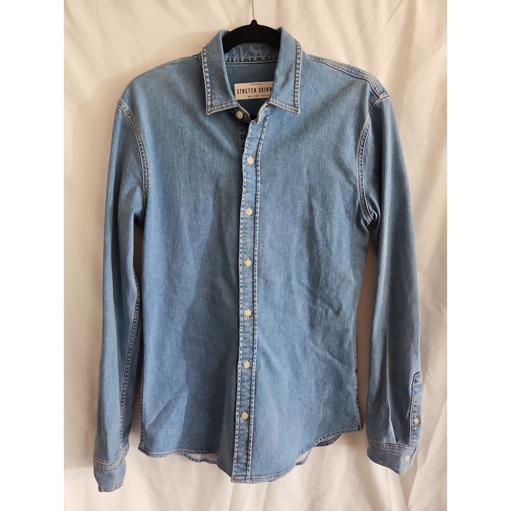 Topman Denim Button Down Shirt Mens Medium Blue Excellent Stretch Skinny